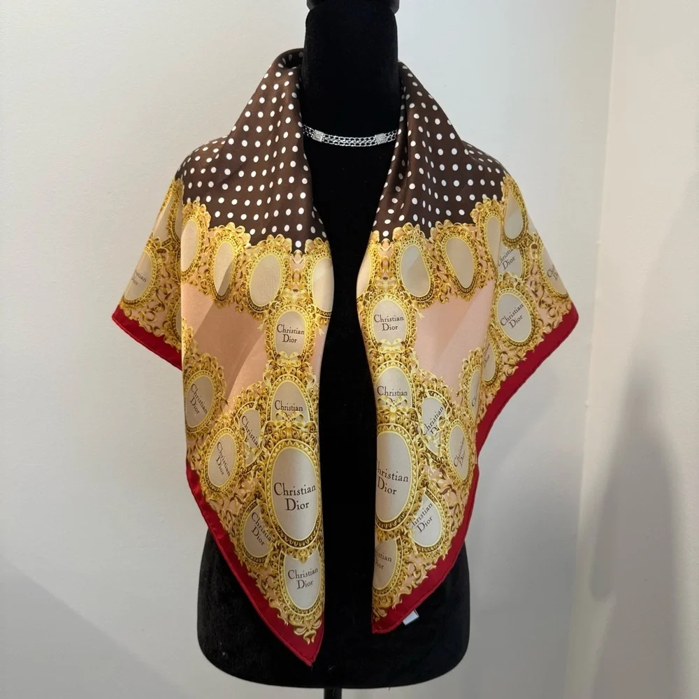 Authentic Christian Dior Brown and Gold Scarf with Red Trim